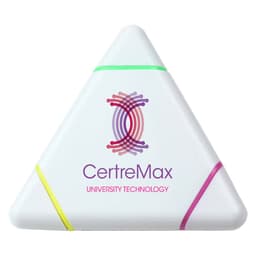 A triangular highlighter with pink, green, and yellow accents, featuring a logo on its surface.