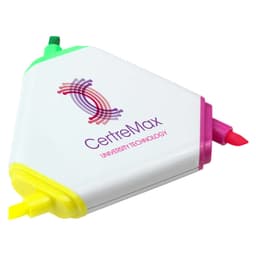 A triangular highlighter with yellow, green, pink, and orange tips, featuring a logo on one side.