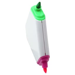 A triangular highlighter in green, pink, and orange, with a white body and a branding logo.