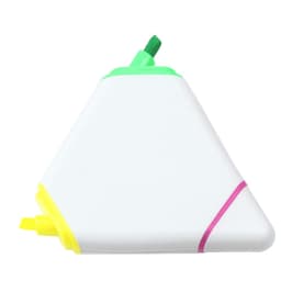 A triangular highlighter with green, yellow, and pink ends, featuring a white body and a logo.