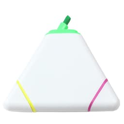 A triangular highlighter in white with green, yellow, and pink accents. It has a logo on one side.