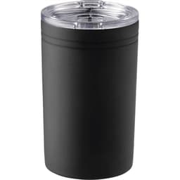 A drink bottle featuring a sleek black design with a clear lid, suitable for keeping beverages insulated.