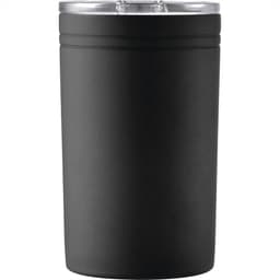 A drink bottle in matte black with a transparent lid, featuring a branded design.