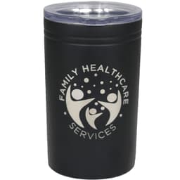 A drink bottle in black with a transparent lid and a logo on the front, suitable for hot or cold beverages.