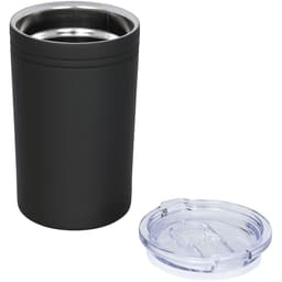 A drink bottle with a matte black exterior and stainless steel interior, paired with a clear lid.