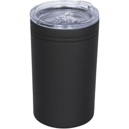A drink bottle in matte black with a transparent lid and a logo, designed as a 325ml vacuum tumbler.