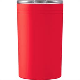 A drink bottle in bright red with a silver lid and branding. It has a smooth, sleek design.