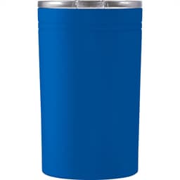 A drink bottle in solid blue with a silver lid, featuring a logo. It has a sleek, thermos design.