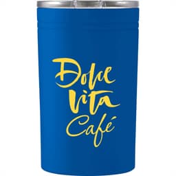 A drink bottle in a vibrant blue colour, featuring a logo in yellow, designed for hot or cold beverages.