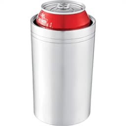 A drink bottle in silver, designed to hold a can, featuring a logo on the surface.