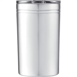 A drink bottle in silver with a clear lid, designed for hot and cold beverages. Features a logo.