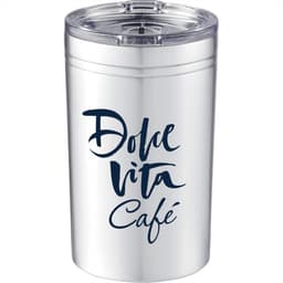 A drink bottle in silver with a clear lid and branding, designed as a vacuum tumbler.