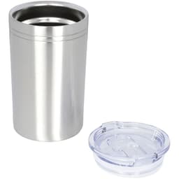 A drink bottle in stainless steel with a clear lid, ideal for keeping beverages hot or cold.
