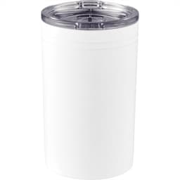 A drink bottle in white with a clear lid, designed as a vacuum tumbler for hot or cold beverages.