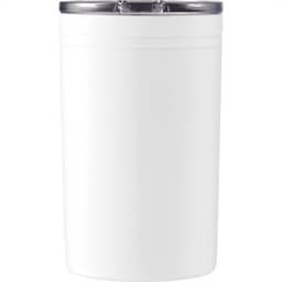 A drink bottle in white with a silver lid, featuring a logo on the side.