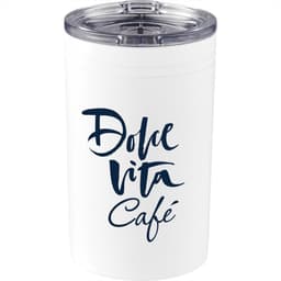 A drink bottle with a white exterior and a clear lid, featuring a logo. Suitable for hot or cold beverages.