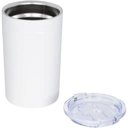 A drink bottle with a white finish and a clear lid, designed for hot or cold beverages. It features a logo.