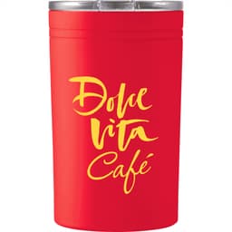 A drink bottle in bright red with a silver lid and a logo. It is a Sherpa Vacuum Tumbler, 325ml capacity.