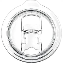 A drink bottle lid with a clear plastic design and a sliding opening mechanism, featuring a logo.