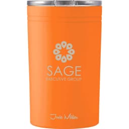 An orange thermos with a sleek design, featuring a clear lid and a logo on the front.