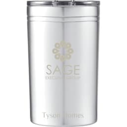 A drink bottle featuring a silver stainless steel design and a clear lid, with branding on the front.