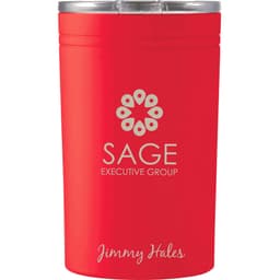 A drink bottle in vibrant red, featuring a logo and a silver lid, designed for thermos use.