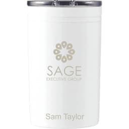 A drink bottle in white with a silver lid, featuring a logo and text on the body.
