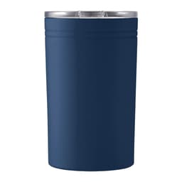 A drink bottle in navy blue, featuring a clear lid, designed for hot and cold beverages. It has a simple logo.