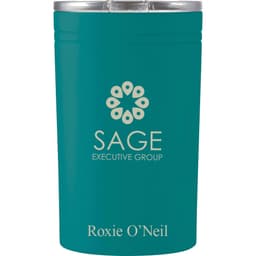A drink bottle in teal with a lid, featuring a logo and a name on the front.