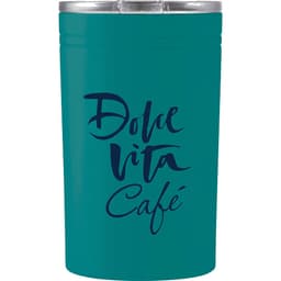A drink bottle in teal colour with a silver lid and a logo. Features a smooth finish.
