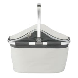 A grey picnic carry bag with a sturdy handle and a zippered compartment, featuring a logo on the front.