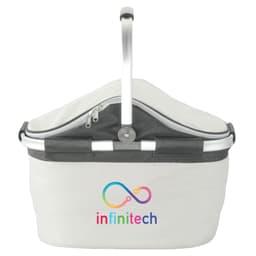 A white picnic carry bag with a silver handle and a branding logo on the front.