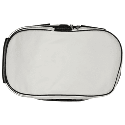 A white cooler bag with a black zipper and handle, featuring a logo.