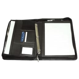 A black imitation leather zip compendium with internal pockets, a pen, and a notepad. It has a branding logo inside.
