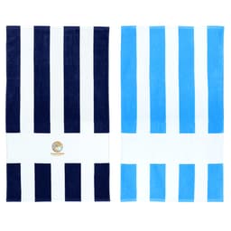 Two striped beach towels, one in navy and white, the other in light blue and white, each featuring a logo.