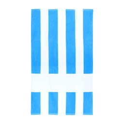 A beach towel featuring blue and white stripes with a central band. It has a logo in one corner.