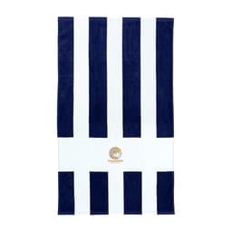 A beach towel with navy and white stripes, featuring a circular logo at the centre.