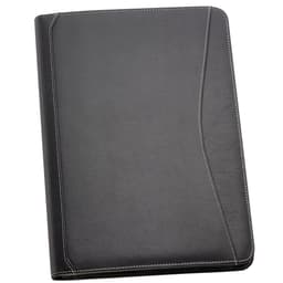 A black leather compendium featuring contrasting stitching and a sleek design, with a logo on the front.