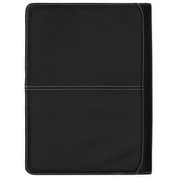 A black full grain leather compendium with white stitching and a logo on the front.