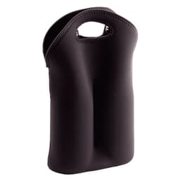 A drink bottle carrier in black neoprene, designed to hold two bottles, featuring a handle for easy transport.