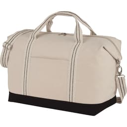 A beige cotton canvas duffel bag with black bottom, featuring sturdy handles and a detachable shoulder strap.
