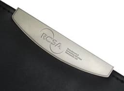A black compendium featuring a silver metal clip with a logo, designed for office and business use.