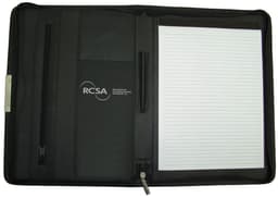 A black A4 zip compendium with an inner notepad, pockets, and a calculator. It features a logo.