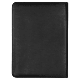A black zip compendium with a smooth finish, featuring a calculator and an interior pocket.