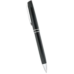 A sleek black metal ballpoint pen with silver accents and a clip, featuring a logo on its surface.