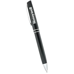 A black metal ballpoint pen with silver accents and a logo on the side.
