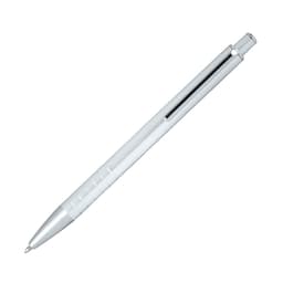 A white ballpoint pen with a clip and click action mechanism, featuring a sleek design.