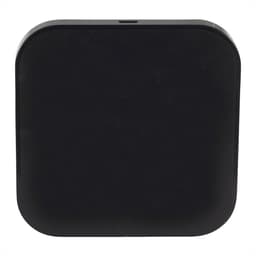 A black wireless charging pad with dual outputs, featuring a smooth, square design and a logo.