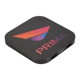 A black wireless charging pad with dual outputs and a logo featuring a colourful design.