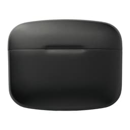 A black charging case for wireless earbuds featuring a sleek design and a logo on the front.